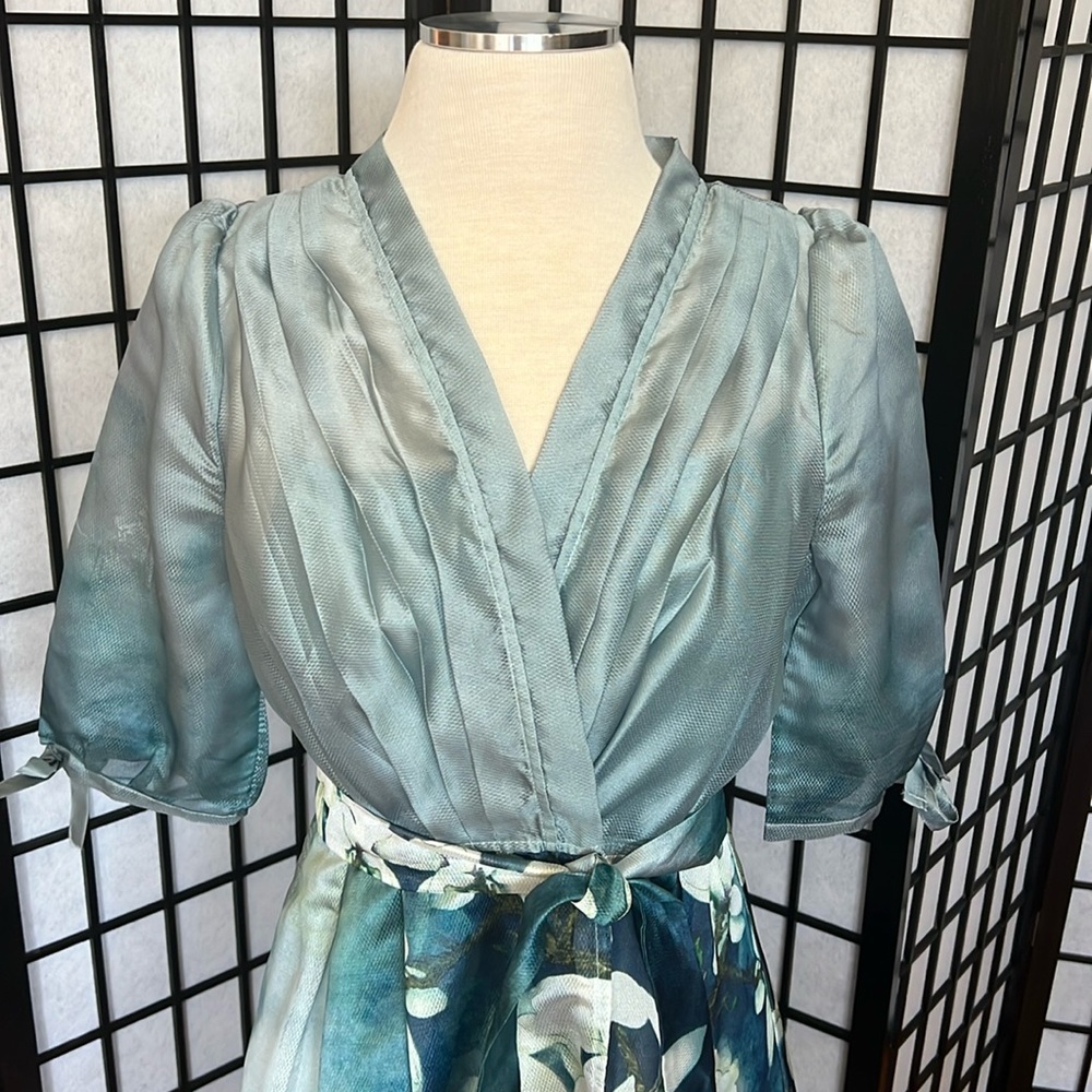 Blue Floral Vintage Quietly Elegant Wrap Dress with Three Quarter Length Sleeves